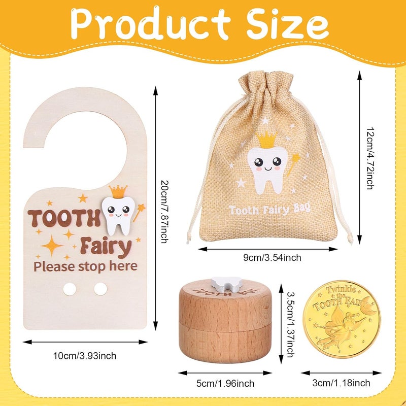 PartyYeah 1 Set/4Pcs Wooden Tooth Fairy Box Tooth Fairy Door Hanger Tooth Fairy Box with Storage Pouch Gold Foil Reward Coin Wooden Doorplate Toot-h Fairy Coin - Image 2